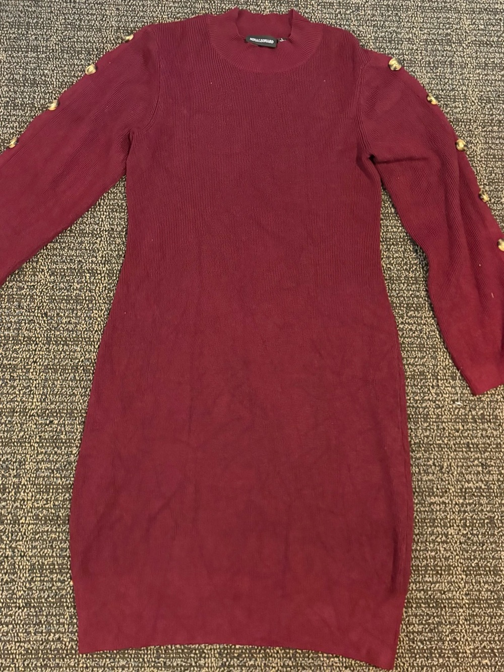 Nina Leonard Burgundy Long-Sleeve Knit Dress with Gold Button Trim